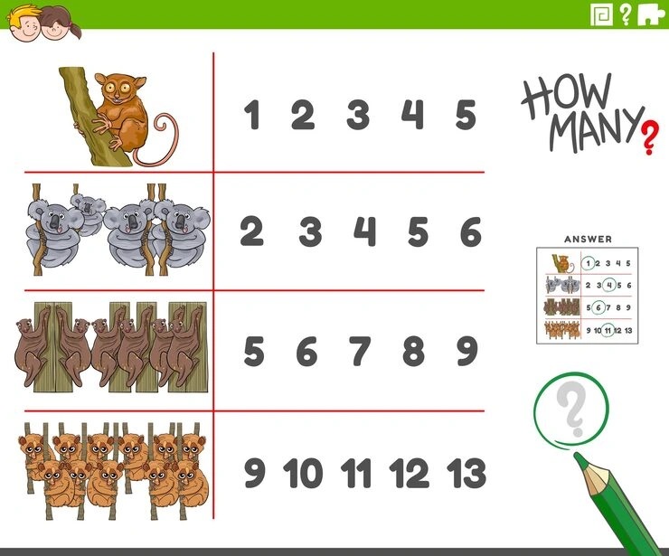 Cartoon illustration of educational counting activity for children with animal characters