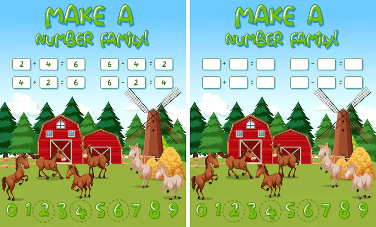 Farm math game template with horses and farm objects