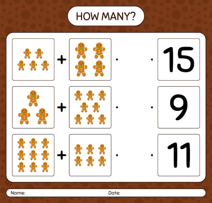 How many counting game with gingerbread cookie. worksheet for preschool kids, kids activity sheet