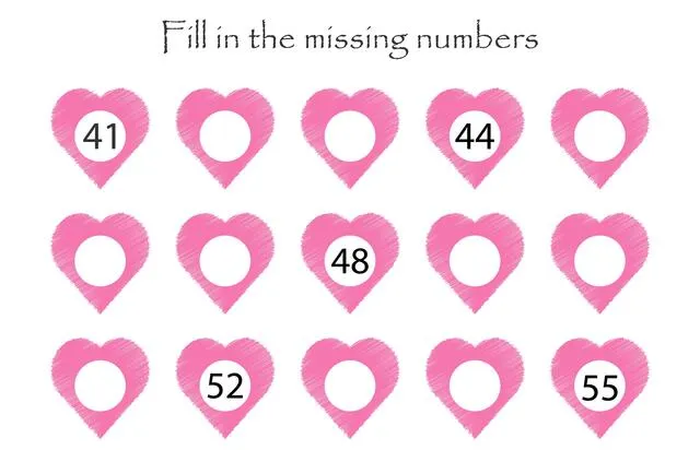 Game with hearts for children, Valentines day, fill in the missing numbers, easy level, education game for kids, school worksheet activity, task for