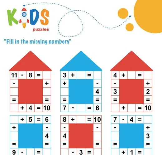 Fill in the missing numbers. Easy colorful math crossword puzzles for preschool, elementary and middle school kids.