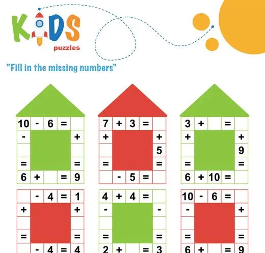 Fill in the missing numbers. Easy colorful math crossword puzzles for preschool, elementary and middle school kids.