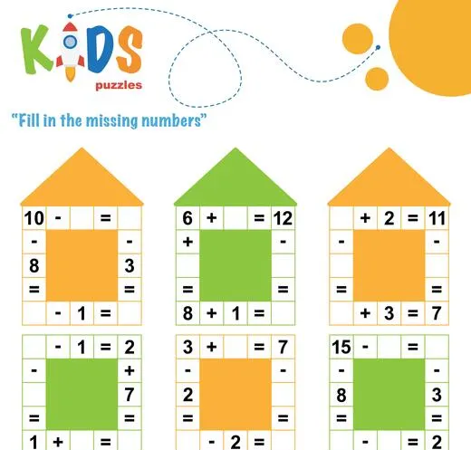 Fill in the missing numbers. Easy colorful math crossword puzzles for preschool, elementary and middle school kids.