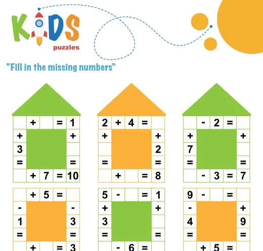 Fill in the missing numbers. Easy colorful math crossword puzzles for preschool, elementary and middle school kids.