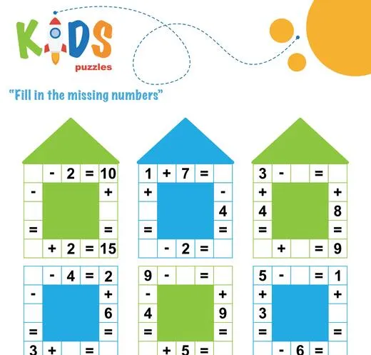 Fill in the missing numbers. Easy colorful math crossword puzzles for preschool, elementary and middle school kids.