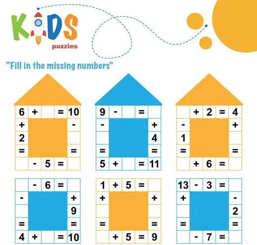 Fill in the missing numbers. Easy colorful math crossword puzzles for preschool, elementary and middle school kids.