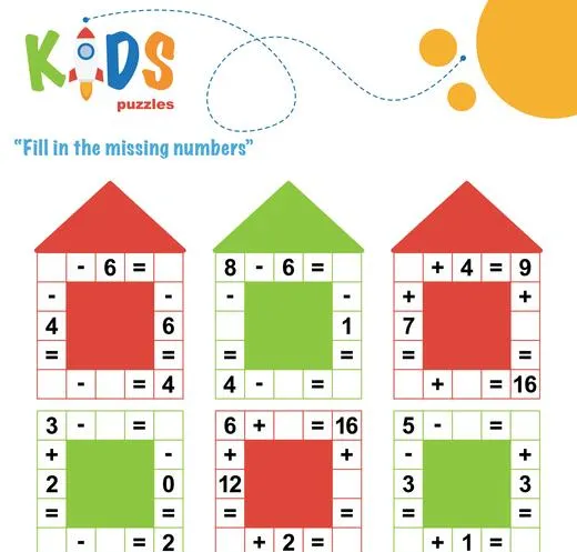 Fill in the missing numbers. Easy colorful math crossword puzzles for preschool, elementary and middle school kids.