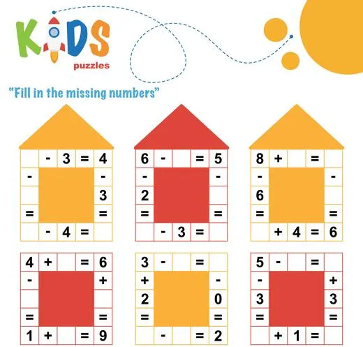 Fill in the missing numbers. Easy colorful math crossword puzzles for preschool, elementary and middle school kids.