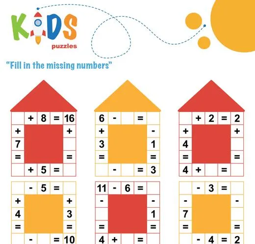 Fill in the missing numbers. Easy colorful math crossword puzzles for preschool, elementary and middle school kids.