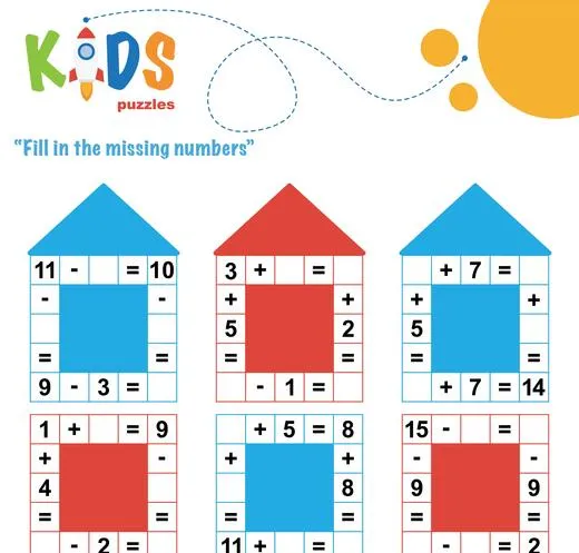Fill in the missing numbers. Easy colorful math crossword puzzles for preschool, elementary and middle school kids.