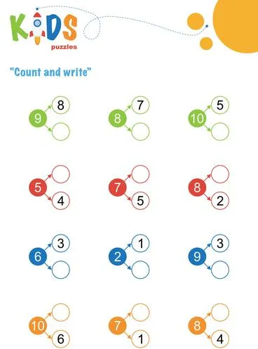 Fill in the missing numbers. Counting worksheet. Easy colorful math puzzles for preschool, elementary and middle school kids.