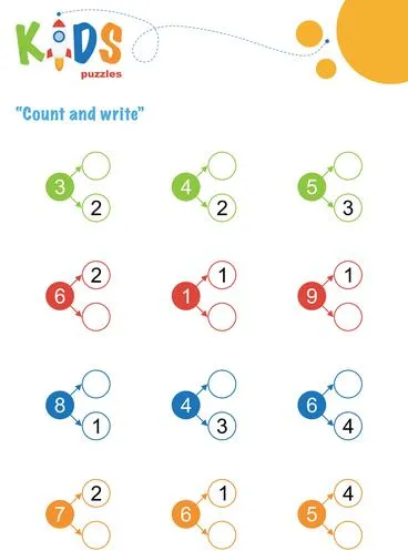 Fill in the missing numbers. Counting worksheet. Easy colorful math puzzles for preschool, elementary and middle school kids.