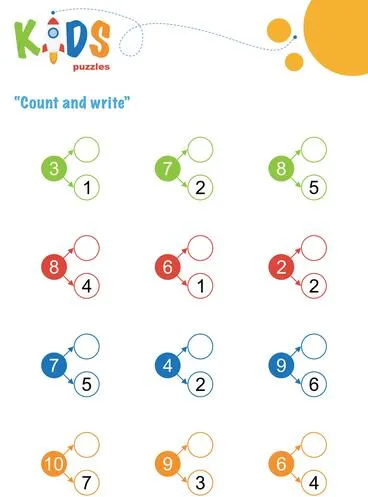 Fill in the missing numbers. Counting worksheet. Easy colorful math puzzles for preschool, elementary and middle school kids.