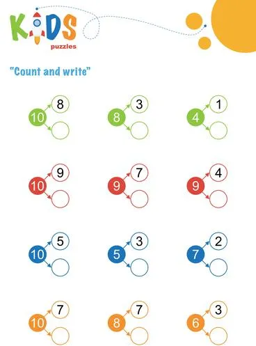 Fill in the missing numbers. Counting worksheet. Easy colorful math puzzles for preschool, elementary and middle school kids.