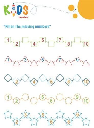 Fill in the missing numbers. Counting worksheet. Easy colorful math puzzles for preschool, elementary and middle school kids.