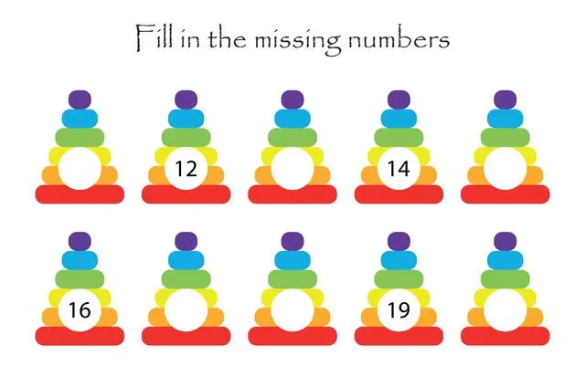 Game with pyramids for children, fill in the missing numbers, easy level, education game for kids, school worksheet activity, task for the development