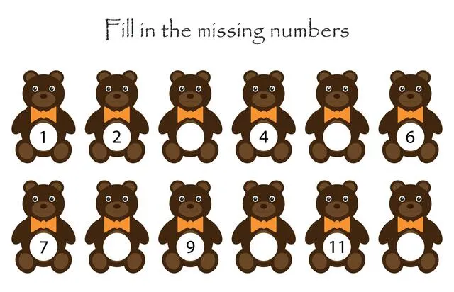 Game with bear toys for children, fill in the missing numbers, easy level, education game for kids, school worksheet activity, task for the developmen