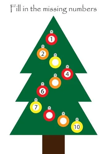 Game with christmas tree for children, fill in the missing numbers, easy level, education game for kids, school worksheet activity, task for the development of logical thinking, vector illustration