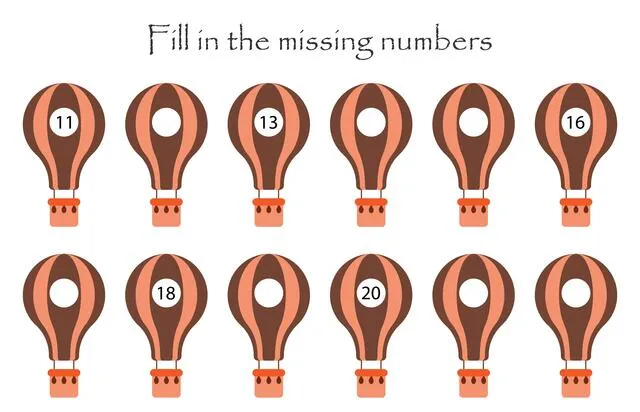 Game with air ballon for children, fill in the missing numbers, middle level, education game for kids, school worksheet activity, task for the develop