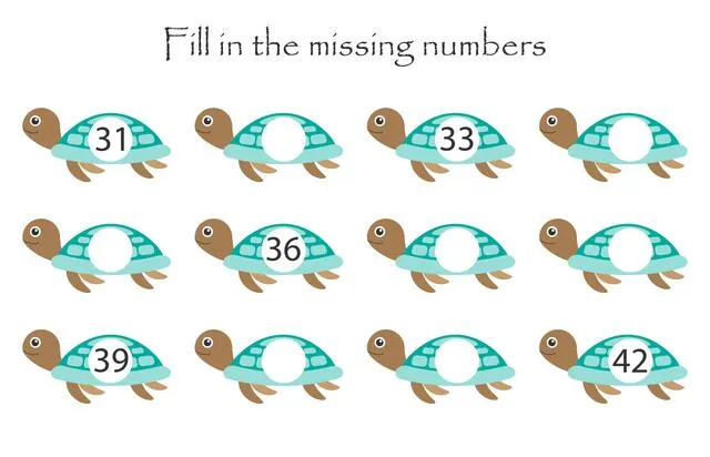 Game with turtles for children, fill in the missing numbers, middle level, education game for kids, school worksheet activity, task for the developmen