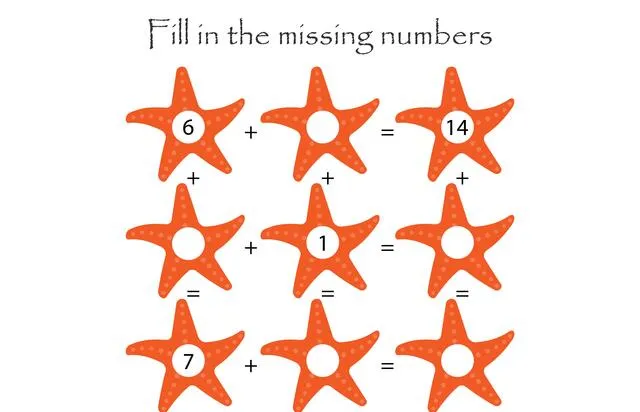 Mathematics game with starfish for children, fill in the missing numbers, easy level, education game for kids, school worksheet activity, task for dev