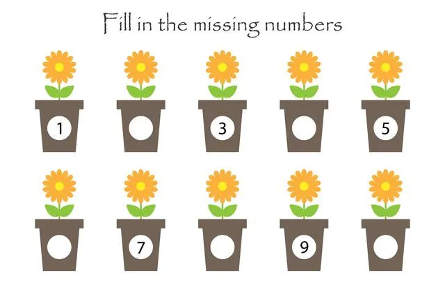 Game with flowers in pots for children, fill in the missing numbers, easy level, education game for kids, school worksheet activity, task for the