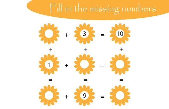 Mathematics game with flowers for children, fill in the missing numbers, easy level, education game for kids, school worksheet activity, task for deve