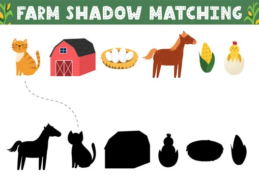 Find the correct shadow activity page with cute farm objects and characters. Farm matching game for kids. Search the silhouette puzzle. Vector illustration