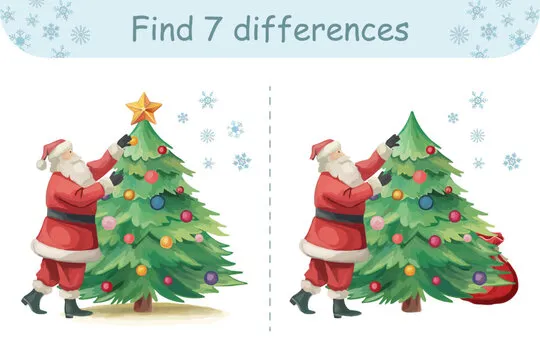Christmas find differences game for kids Festive preschool activity for children with Santa Claus and Christmas tree