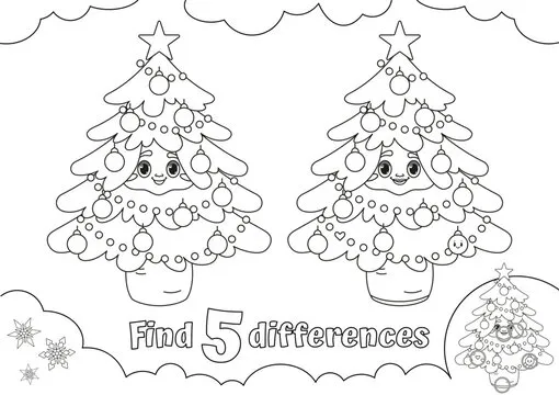 Find 5 Differences in Christmas Trees Holiday Coloring Page. Vtctor Illustration