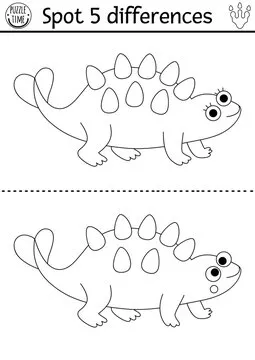 Find differences game for children. Dinosaur black and white educational activity with brontosaurus. Line puzzle for kids with little ancient animal. Printable worksheet, coloring page