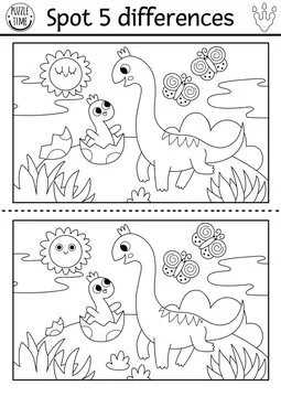 Find differences game. Dinosaur black and white educational activity with brachiosaurus, hatching baby, prehistoric landscape. Line puzzle for kids with animal. Printable worksheet, coloring page