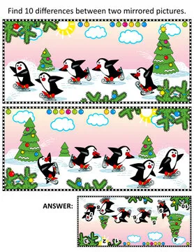 Winter, Christmas, or New Year picture puzzle: Find ten differences between two mirrored pictures of joyful skating penguins. Answer included.