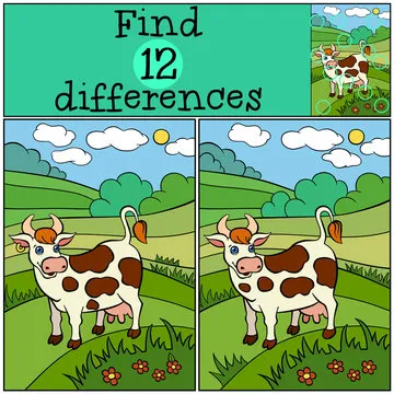 Children games: Find differences. Cute cow stands and smiles in