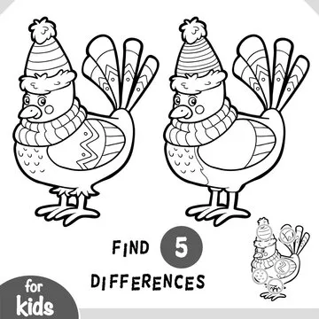 Cute cartoon Christmas bird. Black and white find differences game