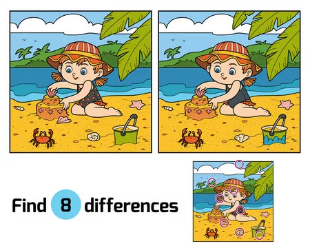 Find differences, girl builds a sand castle