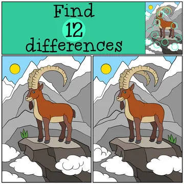 Educational game: Find differences. Cute ibex with great horns.