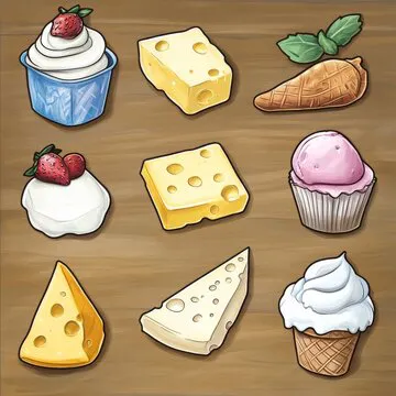 Set of cute dairy products, milk, ice cream, cheese, butter. Find the correct shadow. Educational game for children. Cartoon vector illustration, color clipart.