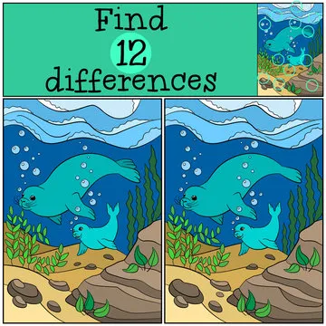 Educational game: Find differences. Mother fur seal with her baby