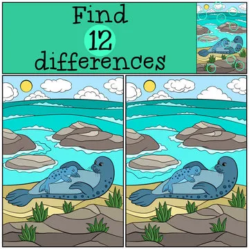 Educational game: Find differences. Mother fur seal with her baby