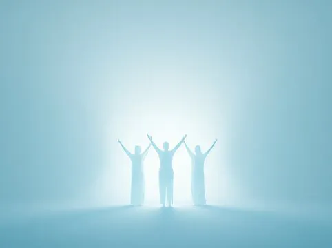 Distinguish yourself with a novel concept: a lone luminous person with their arms spread wide, amidst a group on a green setting, complete with reflections and shadows. This is a 3D rendering.