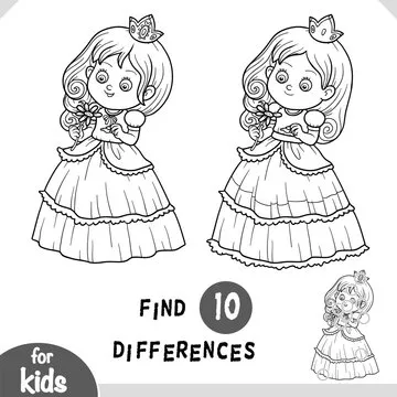 Cute cartoon character princess and flower, Find differences educational game for kids