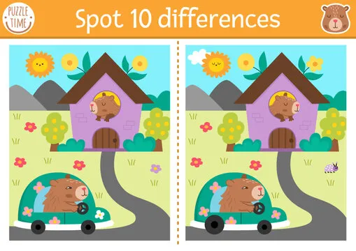 Find differences game for children. Capybara educational activity with cute animal driving car to his house. Puzzle for kids with capibara. Printable worksheet or page for logic, attention