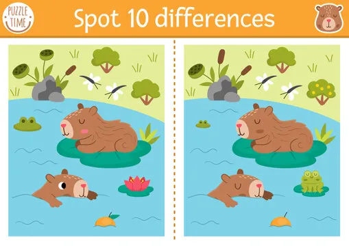 Find differences game for children. Capybara educational activity with cute animal swimming on water lily pad in pond. Puzzle for kids with capibara. Printable worksheet or page for logic, attention