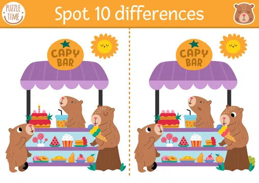 Find differences game for children. Capybara educational activity with cute animal eating and drinking in dessert cart. Puzzle for kids with capibara. Printable worksheet or page for logic, attention