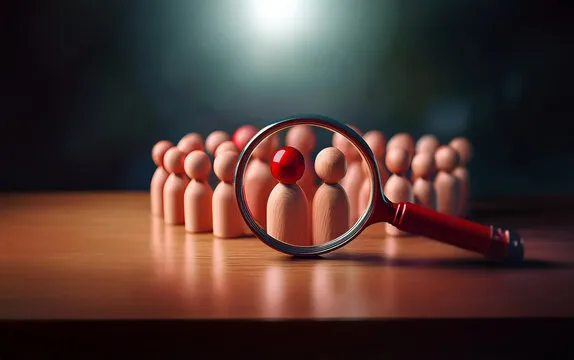 A magnifying glass focuses on a single red figure in a circle of wooden figures, highlighting its importance.
