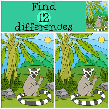 Educational game: Find differences. Little cute lemur smiles.