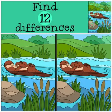 Educational game: Find differences. Mother otter with her baby.