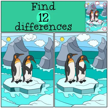 Educational game: Find differences. Two little cute penguins hug