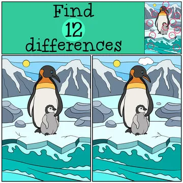 Educational game: Find differences. Mother penguin with baby.